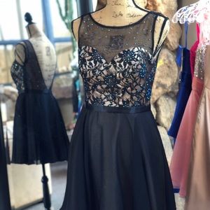 Black and navy sweetheart faux neck cocktail dress